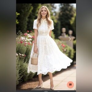 CHICWISH Cotton Crochet Collar Embroidered Eyelet Midi Dress